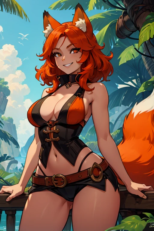 A orange haired fox woman with copper eyes and an hourglass figure and orange fox ears and an orange foxy tail in a pirate outfit is exploring a jungle with an eager grin