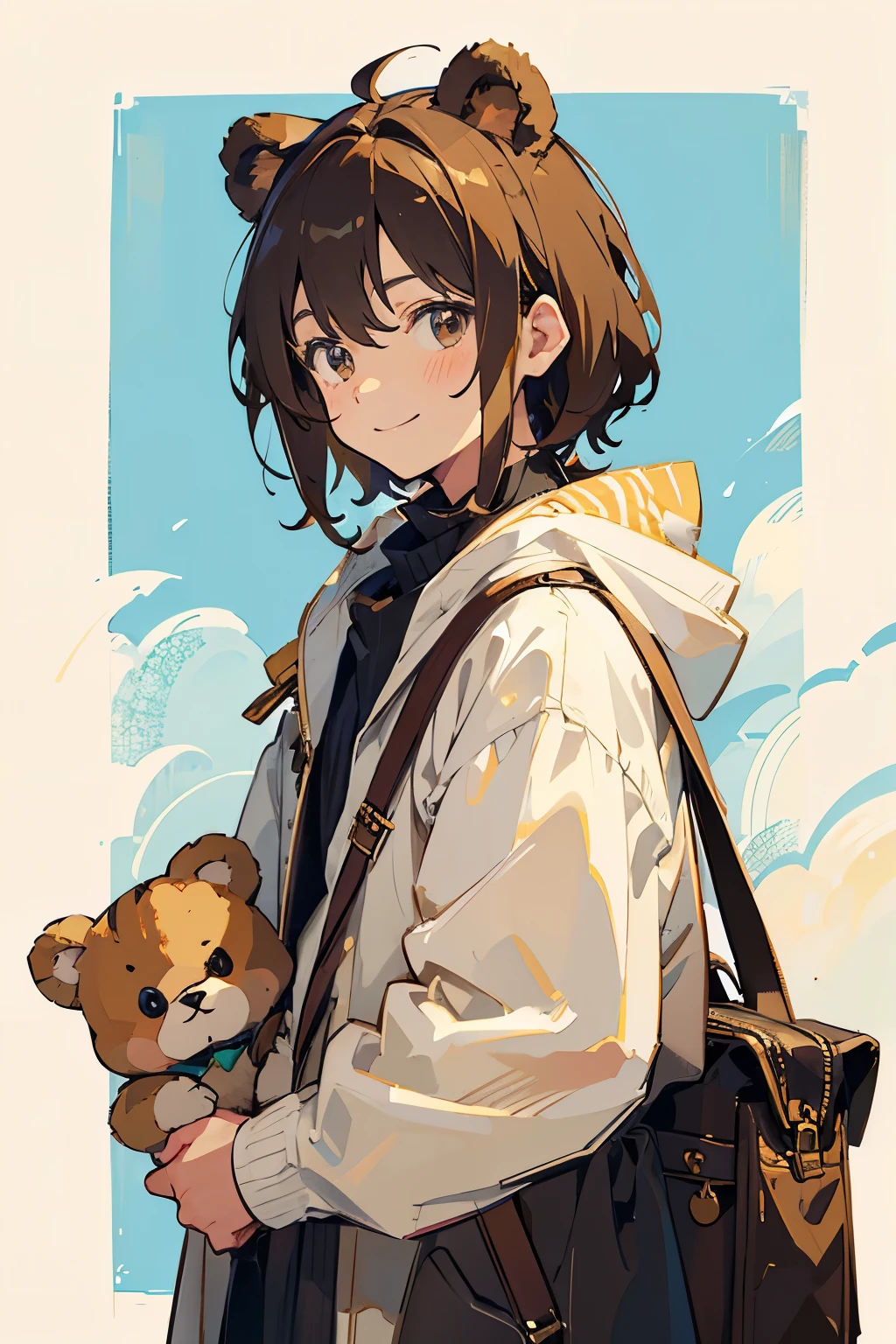 a very cute bear-eared young man, with shoulder-length brown hair. The young man smiled cheerfully and played with two cats. Chibi art style