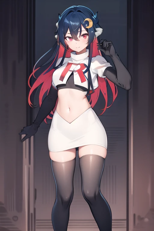 vienna (vtuber), 1girl, bangs, black hair, blue hair, crescent, crescent hair ornament, crossed bangs, dragon girl, dragon horns, gradient hair, hair between eyes, hair ornament, horns, long hair, looking at viewer, multicolored hair, red eyes, solo, standing, very long hair, team rocket,team rocket uniform,white skirt,red letter R,crop top,black thigh-highs,black elbow gloves
