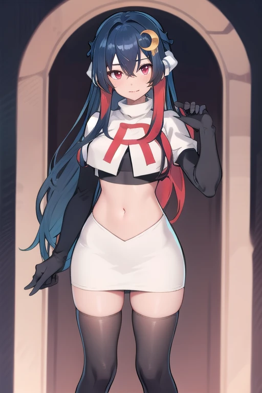 vienna (vtuber), 1girl, bangs, black hair, blue hair, crescent, crescent hair ornament, crossed bangs, dragon girl, dragon horns, gradient hair, hair between eyes, hair ornament, horns, long hair, looking at viewer, multicolored hair, red eyes, solo, standing, very long hair, team rocket,team rocket uniform,white skirt,red letter R,crop top,black thigh-highs,black elbow gloves
