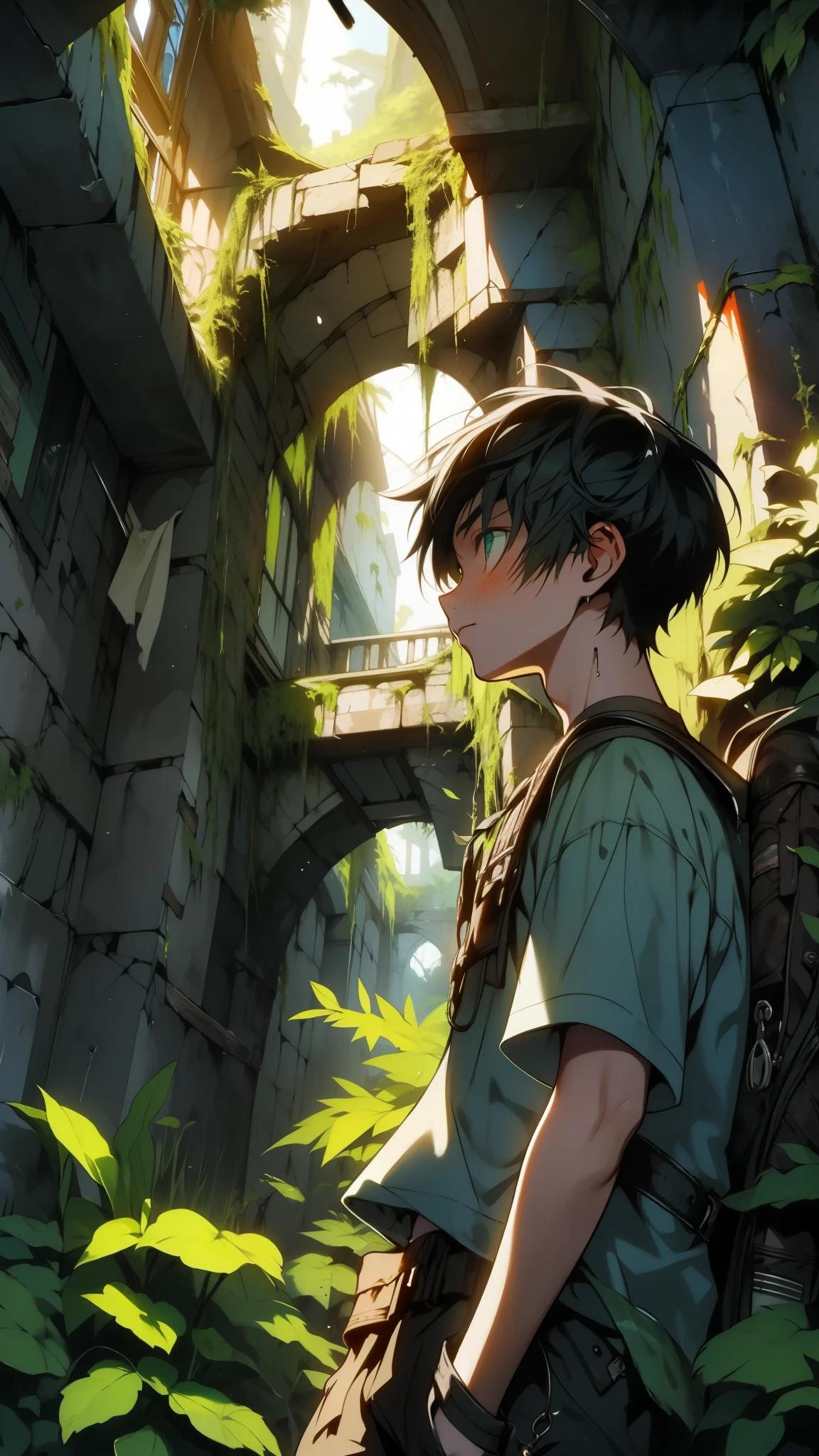 A boy teenager navigating through an ancient ruin, overgrown with vines and moss, sunlight filtering through broken walls, green, brown, dark blue, illustration, movie scene, adventure, mysterious, dramatic shadows, exploration, fantasy world, dark background, clean design, epic, artstation, colorful paint splatter, silhouette, hyper detailed intricate details, unreal engine, fantasy, splash screen, complementary colors, deviantart masterpiece, oil painting, heavy strokes, paint dripping, indifferent expression