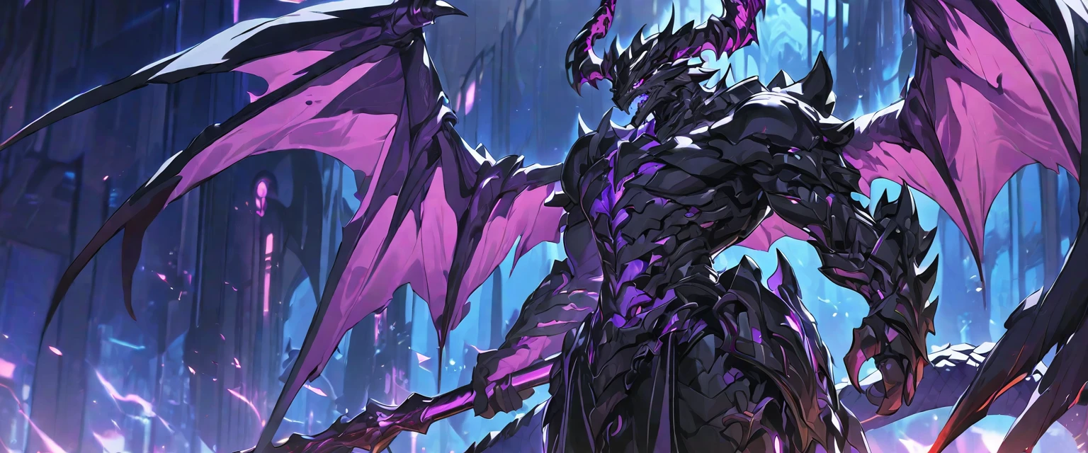 Best quality, One, beautiful, 1 man, adult man, with a sporty body, V-shaped body, black detailed armor with glowing purple details, black demonic horns, with large and long dragon wings, short hair, black hair, purple with red tones reptile eyes, purple threads, black light