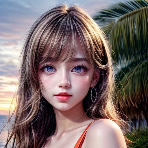 1girl (masterpiece) (best quality)(shiny hair)(shiny skin), Ruby Hoshino, swimsuit, white swimsuit, 1 girl, Solo, Ruby Hoshino, Symbol-shaped pupil, (Left star pupil:1.5), Sparkly eyes, (Red eyes, left star:1.5), Symbolic eyes, Long hair, Blonde hair, Bangs, Blushing, (Side ponytail: 1.1), (Beach, palm trees), Beach, clear water, ( blue sky, cumulonimbus clouds), (island), (hibiscus), (wet skin: 1.2), smile, light smile,