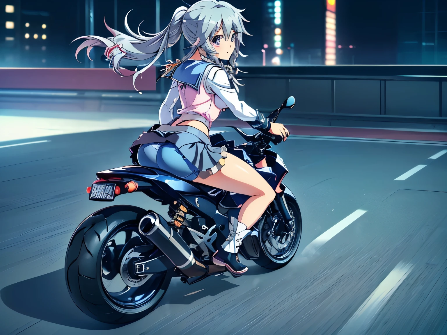 ((masterpiece, best quality, highres, UHD, perfect pixel, depth of field, 4k, RTX, HDR))), A (speeding) motorcycle the city at high speed,(slow motion:1.3),(Motion blur:1.3),(speed lines:1.4),sense of speed,Sparks and smoke coming out of tires,1girl, single, solo, beautiful anime girl, beautiful artstyle, anime character, ((,aasora, braid, long hair, side ponytail, hair ribbon, , sailor collar, pink bow, white shirt, long sleeves, belt, white skirt,black shoes)),amazing quality,best quality,Beautiful backgrounds, ((detailed eyes, beautiful eyes, perfect eyes,curly eyelashes, realistic eyes)), ((detailed face, blushing:1.2)), ((anime CG style)), medium breasts, ,blurred background,Eyes Wide Open,A (speeding) motorcycle the city at high speed,(slow motion:1.3),(Motion blur:1.3),(speed lines:1.4),sense of speed,Sparks and smoke coming out of tires,motorcycle,vehicle,,(((skirt lift))),(((blue panties))),(((skirt wind lift))),(((blue panties))),(((The wind makes my pants a little visible))),(((skirt lift))),(((blue panties))),(((skirt wind lift))),(((blue panties))),(((The wind makes my pants a little visible))),back angle,From the back