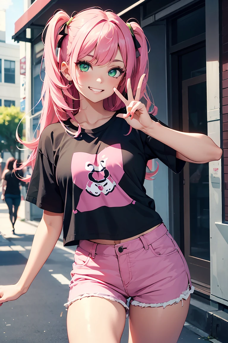((1 girl)), Latest Fashion Trends, Neon Color Fashion, Shorts, Band T-shirts, ((peace sign)), Active, Selfie pose, Grin, Street, Cowboy Shot,((Very detailed,highest quality, High resolution, 8k wallpaper, Beautiful clothes,)),((Pink Hair, Long Hair,Straight hair,Side Up)) ,(Deep green eyes),eye shadow, eyeliner,Glow Eye, Beautiful Eyes, 18-year-old girl, Five Fingers