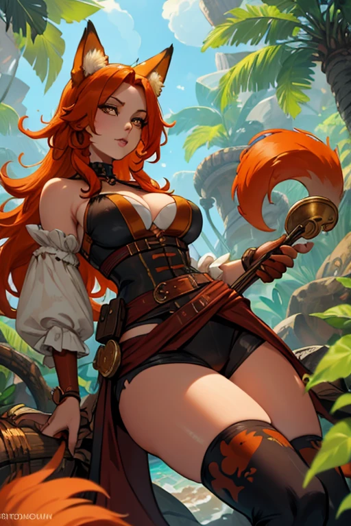 A orange haired fox woman with copper eyes and an hourglass figure and orange fox ears and an orange foxy tail in a pirate outfit is cutting down vegetation in a tropical jungle