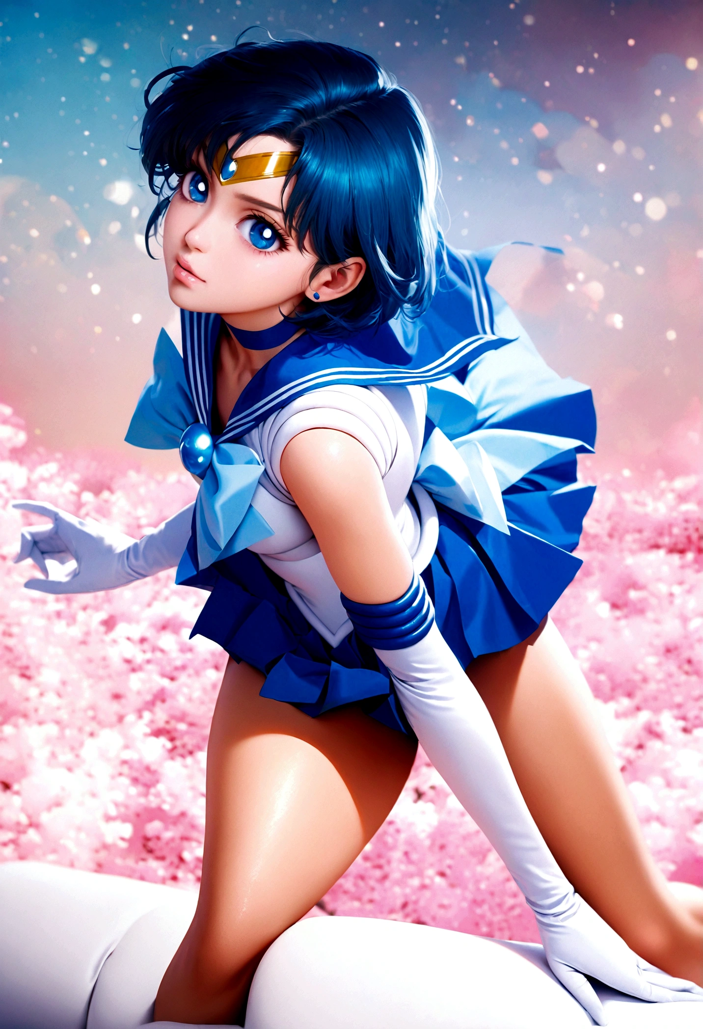 1girl, sailor mercury, bishoujo senshi sailor moon, elegant detailed eyes, detailed facial features, long eyelashes, beautiful detailed lips, elegant detailed pose, highly detailed, masterpiece, 4k, hyper realistic, photorealistic, cinematic lighting, dynamic composition, intricate details, vibrant colors, soft dreamy atmosphere, magical girl fantasy, full body shot, aamercury, short hair, blue hair, tiara, earrings, blue eyes, blue choker, blue sailor collar, blue bowtie, white shirt, elbow gloves, white gloves, pleated skirt, blue skirt, bare legs