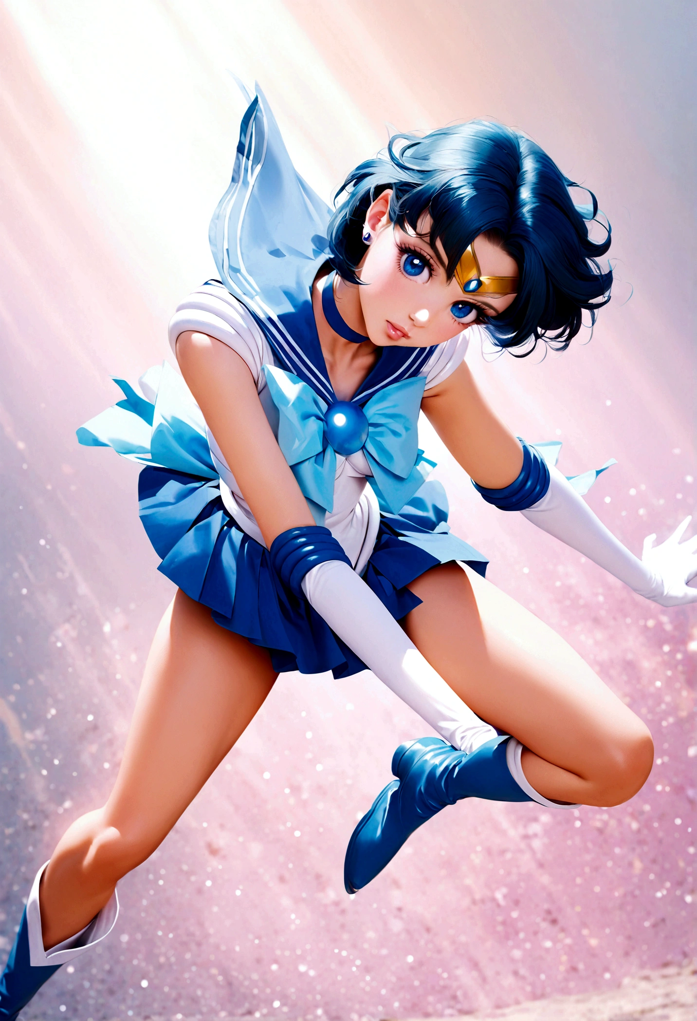 1girl, sailor mercury, bishoujo senshi sailor moon, elegant detailed eyes, detailed facial features, long eyelashes, beautiful detailed lips, elegant detailed pose, highly detailed, masterpiece, 4k, hyper realistic, photorealistic, cinematic lighting, dynamic composition, intricate details, vibrant colors, soft dreamy atmosphere, magical girl fantasy, full body shot, aamercury, short hair, blue hair, tiara, earrings, blue eyes, blue choker, blue sailor collar, blue bowtie, white shirt, elbow gloves, white gloves, pleated skirt, blue skirt, bare legs