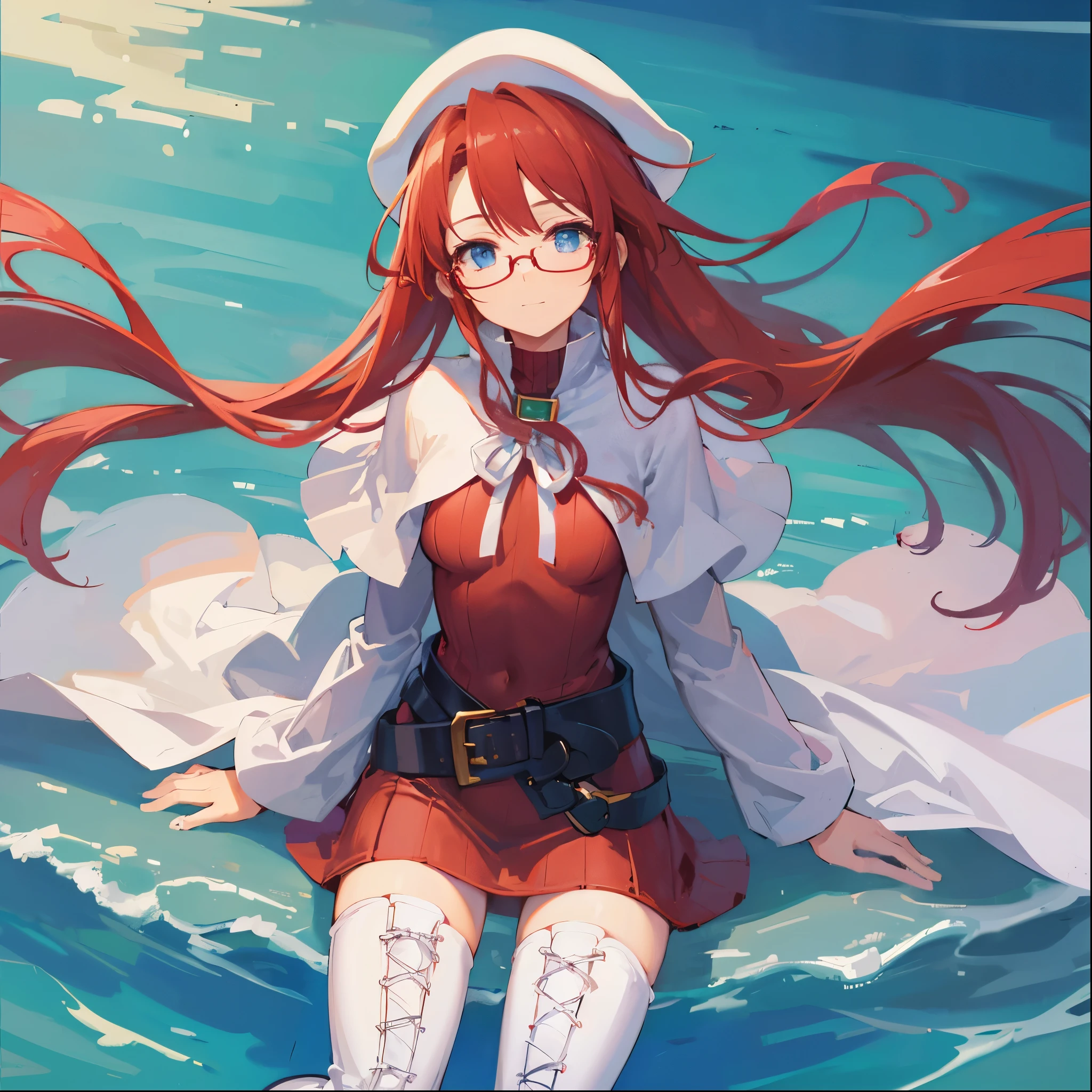 summonnightaty, aty, (young:1.3),long hair, blue eyes, red hair, big_berets, hat, glasses,
BREAK long hair, thighhighs, hat, dress, naked_legs, glasses, belt, cape, sweater, zettai ryouiki, beret, thigh boots, white footwear, ribbed sweater, loose belt,solo,
BREAK outdoors, fantasy,on_beach,
,Highquality_hads,perfect_fingers,
BREAK (masterpiece:1.2), best quality, high resolution, unity 8k wallpaper, (illustration:0.8), (beautiful detailed eyes:1.6), extremely detailed face, perfect lighting, extremely detailed CG, (perfect hands, perfect anatomy),covered_nipples,covered_navel ,half_eyes,long_sword,sleepy,standing,red_sweater,apart_knees,magical_effect,spread_legs, have_a_book,teacher,rise_knee,Smile,rise_hand,look_down_viewer,spread_arms,sea_waves,looking_into,blue_sky,sitting