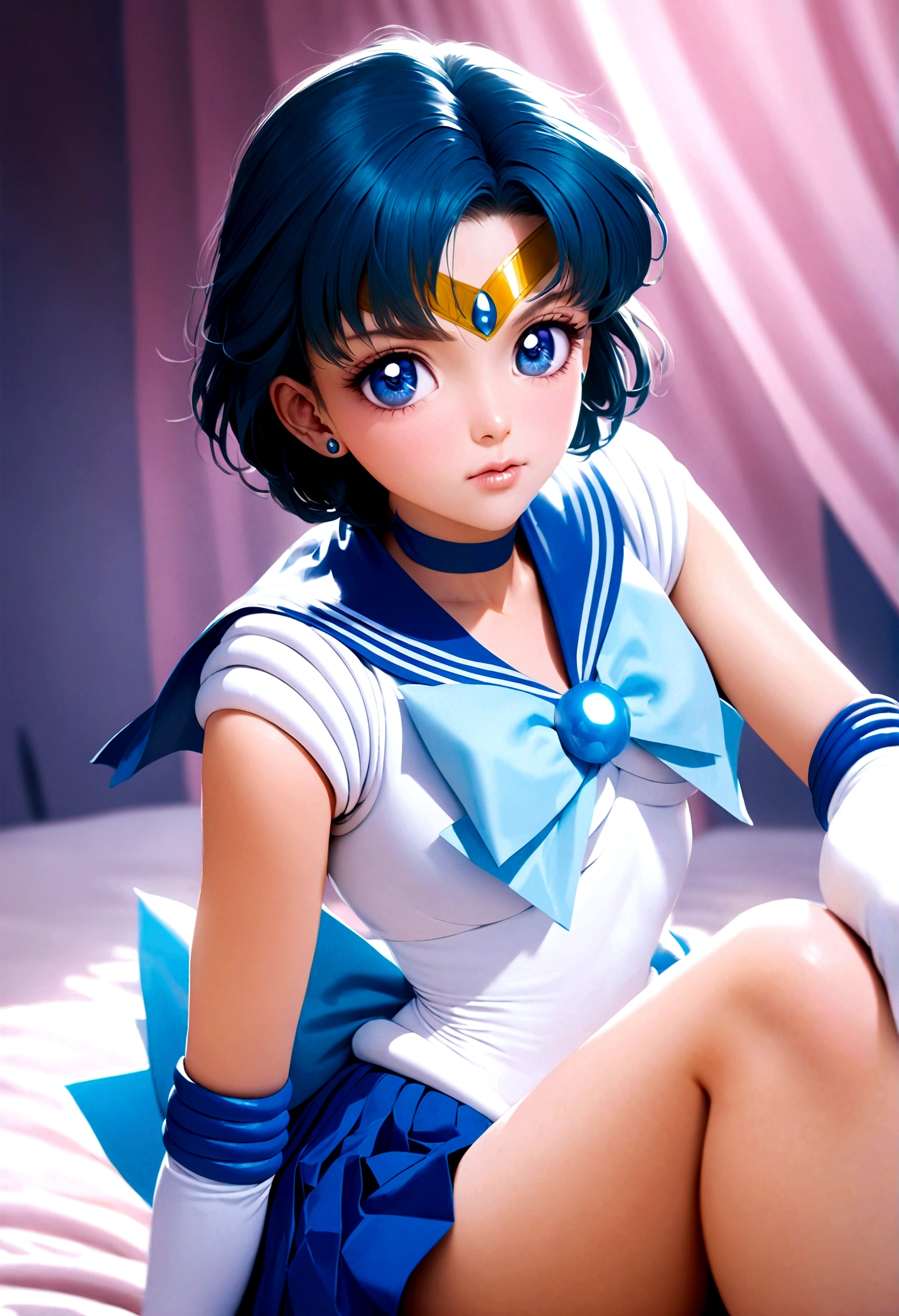 1girl, sailor mercury, bishoujo senshi sailor moon, elegant detailed eyes, detailed facial features, long eyelashes, beautiful detailed lips, elegant detailed pose, highly detailed, masterpiece, 4k, hyper realistic, photorealistic, cinematic lighting, dynamic composition, intricate details, vibrant colors, soft dreamy atmosphere, magical girl fantasy, upper body shot, aamercury, short hair, blue hair, tiara, earrings, blue eyes, blue choker, blue sailor collar, blue bowtie, white shirt, elbow gloves, white gloves, pleated skirt, blue skirt, bare legs