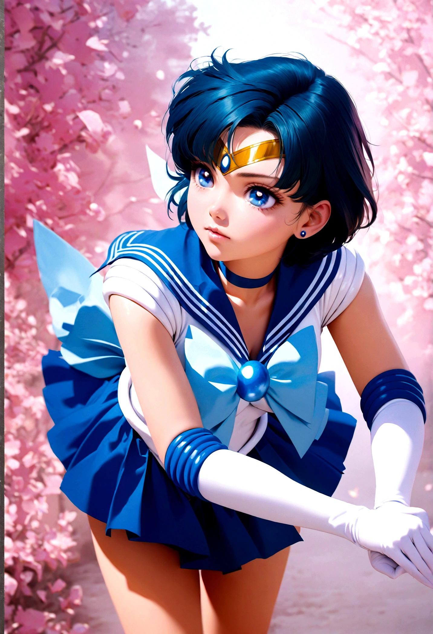 1girl, sailor mercury, bishoujo senshi sailor moon, elegant detailed eyes, detailed facial features, long eyelashes, beautiful detailed lips, elegant detailed pose, highly detailed, masterpiece, 4k, hyper realistic, photorealistic, cinematic lighting, dynamic composition, intricate details, vibrant colors, soft dreamy atmosphere, magical girl fantasy, upper body shot, aamercury, short hair, blue hair, tiara, earrings, blue eyes, blue choker, blue sailor collar, blue bowtie, white shirt, elbow gloves, white gloves, pleated skirt, blue skirt, bare legs