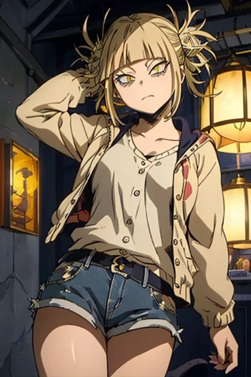 (1 girl),(Masterpiece),(High quality image),(perfect workmanship),(perfect image quality),(perfect image resolution),(himiko toga),(anime),+,(Boku no hero academia),(Yellow eyes with cat's pupils),(short blonde hair with polka dots),(wearing),+,(a black jacket with denim shorts)
