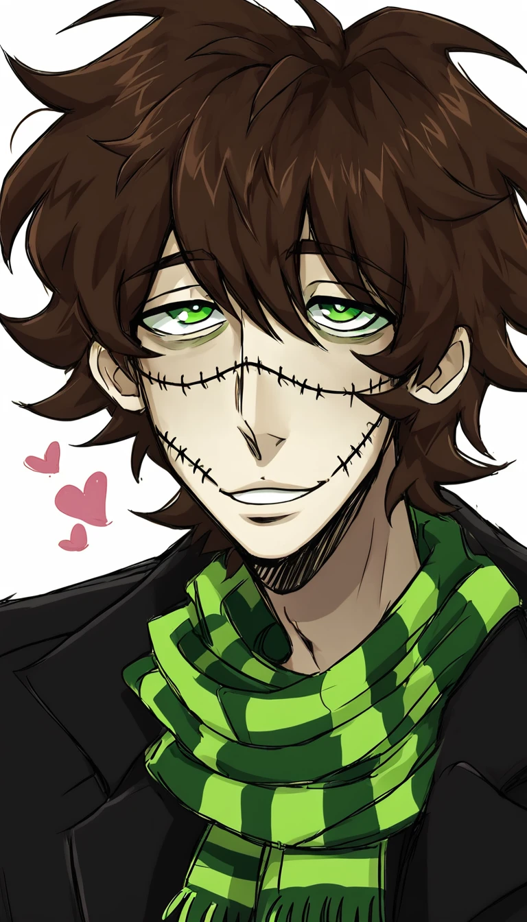 1man,mature male,  stitches, scarf, brown hair, green eyes, coat, halfbody, green background, grunge, sketchy lines, messy hair, hends on face, hearts 