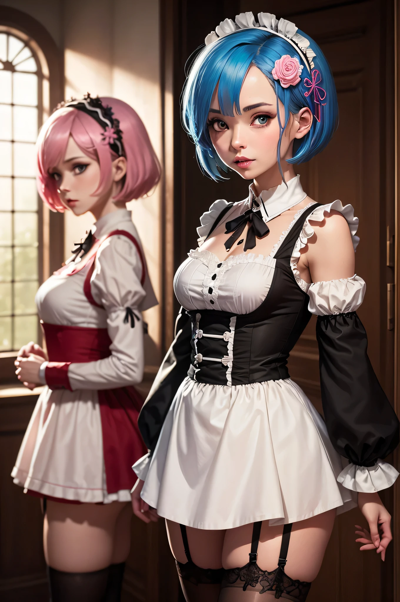 (highest quality:1.2, Very detailed, Latest, Vibrant, Super Detail, Ultra-high resolution, High Contrast, masterpiece:1.2, highest quality, Best aesthetics), Two people, (2 women), Two women posing side by side, Woman on the right:rem \(re:zero\), blue eyes, blue hair, hair ornament, hair over one eye, hair ribbon, short hair, x hair ornament, nayutaren, blue hair, roswaal mansion maid uniform, Woman on the left:ram \(re:zero\), pink hair, white thighhighs, short hair, red eyes, hair over one eye, hair ribbon, x hair ornament, maid headdress, waist apron, garter straps, black ribbon, small breasts, detached sleeves, neck ribbon, hair flower, roswaal mansion maid uniform, Dynamic Angle, Random Pause, Cowboy Shot,