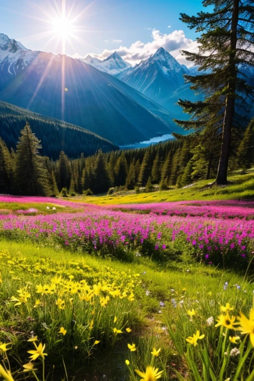 Scenic nature, Mountains, the forest, bright flowers, The sun is shining brightly, real photo, bright hues