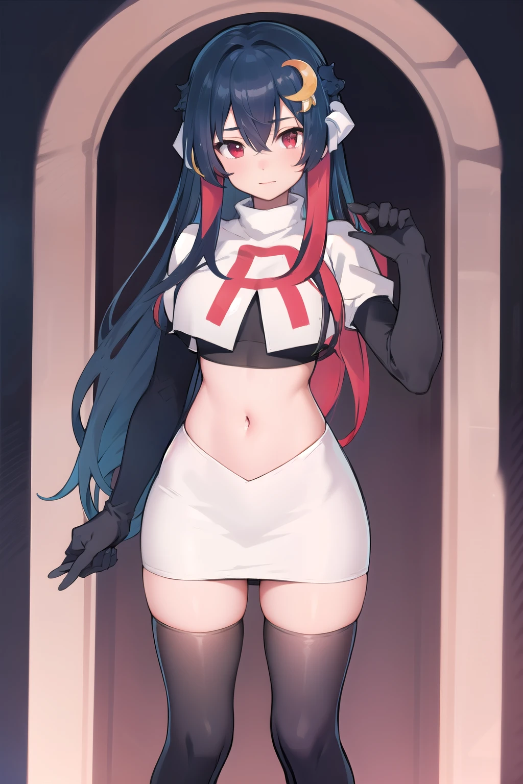 vienna (vtuber), 1girl, bangs, black hair, blue hair, crescent, crescent hair ornament, crossed bangs, dragon girl, dragon horns, gradient hair, hair between eyes, hair ornament, horns, long hair, looking at viewer, multicolored hair, red eyes, solo, standing, very long hair, team rocket,team rocket uniform,white skirt,red letter R,crop top,black thigh-highs,black elbow gloves
