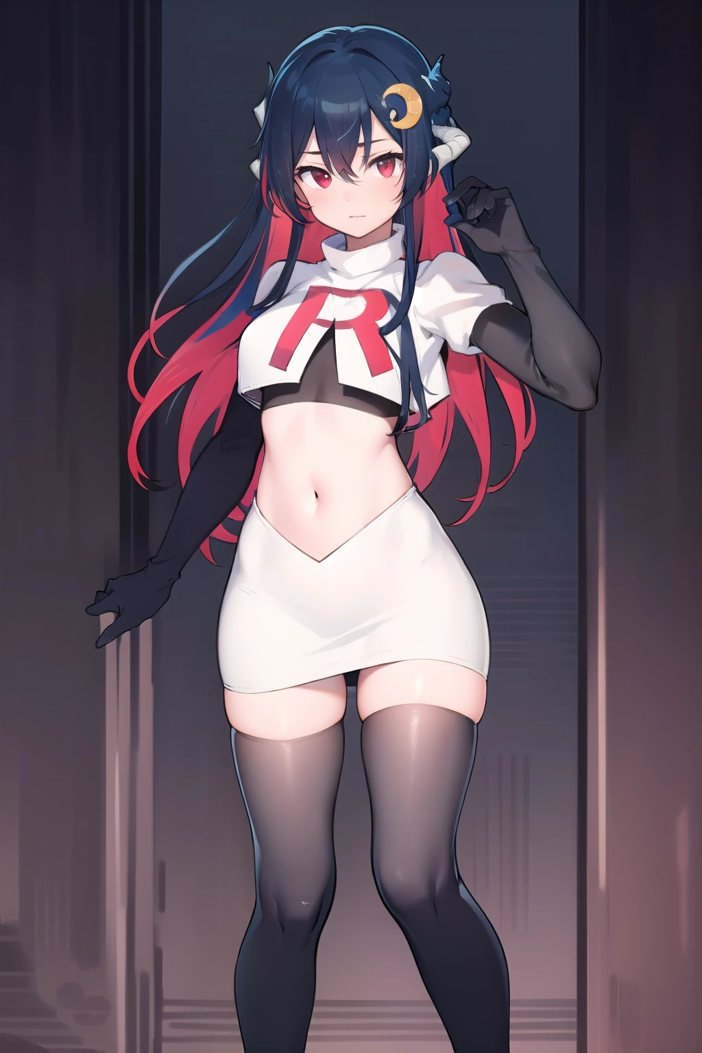 vienna (vtuber), 1girl, bangs, black hair, blue hair, crescent, crescent hair ornament, crossed bangs, dragon girl, dragon horns, gradient hair, hair between eyes, hair ornament, horns, long hair, looking at viewer, multicolored hair, red eyes, solo, standing, very long hair, team rocket,team rocket uniform,white skirt,red letter R,crop top,black thigh-highs,black elbow gloves
