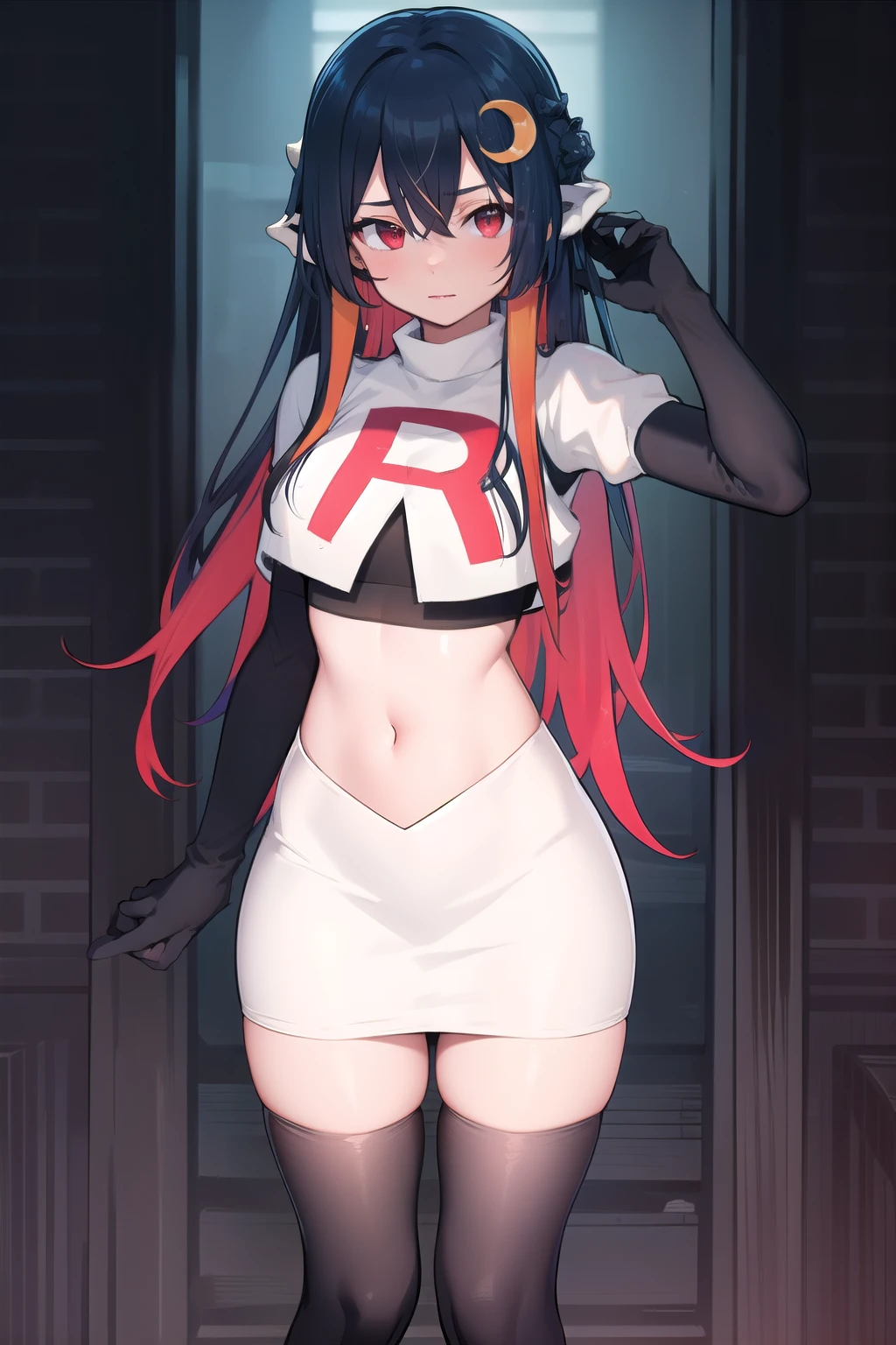 vienna (vtuber), 1girl, bangs, black hair, blue hair, crescent, crescent hair ornament, crossed bangs, dragon girl, dragon horns, gradient hair, hair between eyes, hair ornament, horns, long hair, looking at viewer, multicolored hair, red eyes, solo, standing, very long hair, team rocket,team rocket uniform,white skirt,red letter R,crop top,black thigh-highs,black elbow gloves
