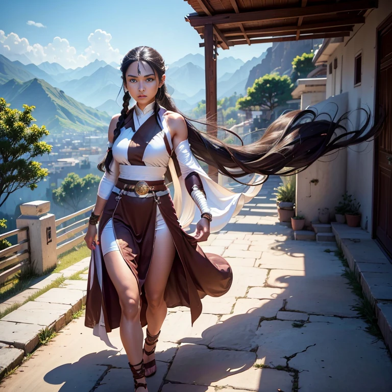 an athletic muscular brown skin monk lady long black hair in a braid, wearing a dark brown tunic, bandages in hands and legs, temple mountains background