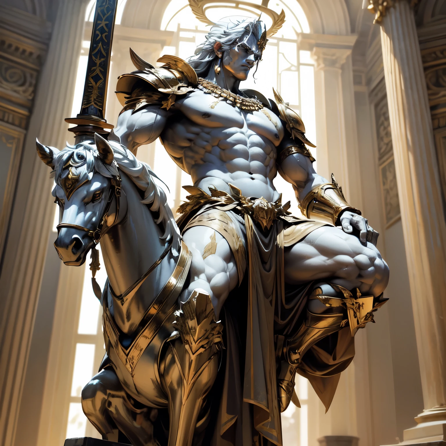Create an 8K ultra HD digital image of a majestic Ares marble sculpture. The sculpture shows Ares with a fierce and determined expression, de cabelos esculpidos em um capacete de guerra. He wears sturdy marble armor and wields the Sword of Zeus. Zeus&#39; sword is made of celestial gold and emits golden rays, with divine inscriptions along the blade that shine brightly. The hilt of the sword is adorned with small rays and lightning., simbolizando seu poder supremo. Electric sparks dance around the sculpture, highlighting his dominance over the heavens. The patio is spacious, com pavimento de pedra e cercado por muralhas altas. Well-kept gardens with colorful flowers and water fountains adorn the space. Guards in their positions and flags fluttering in the wind complete the scene. The image should capture the strength and beauty of the courtyard, destacando a escultura de Ares e a Espada de Zeus.