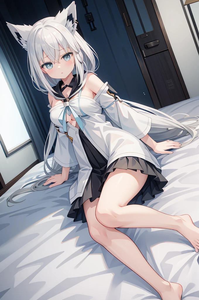 girl、、White、Silver Hair、Long Hair、Sailor suit、small breasts、nsfw、lift up skirt