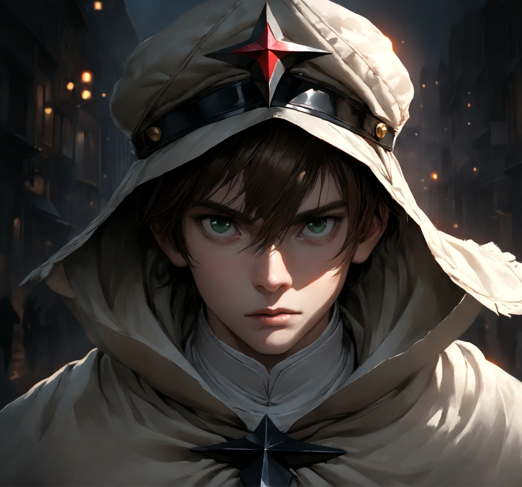 a green-eyed brown-haired anime boy in a white general's cloak and cap with a black cross in the middle, walking the streets of the capital with his sword, Akame ga Kill, detailed portrait, cinematic lighting, dramatic composition, vivid colors, digital painting, highly detailed, intricate details, masterpiece, photorealistic, sharp focus, 8k.