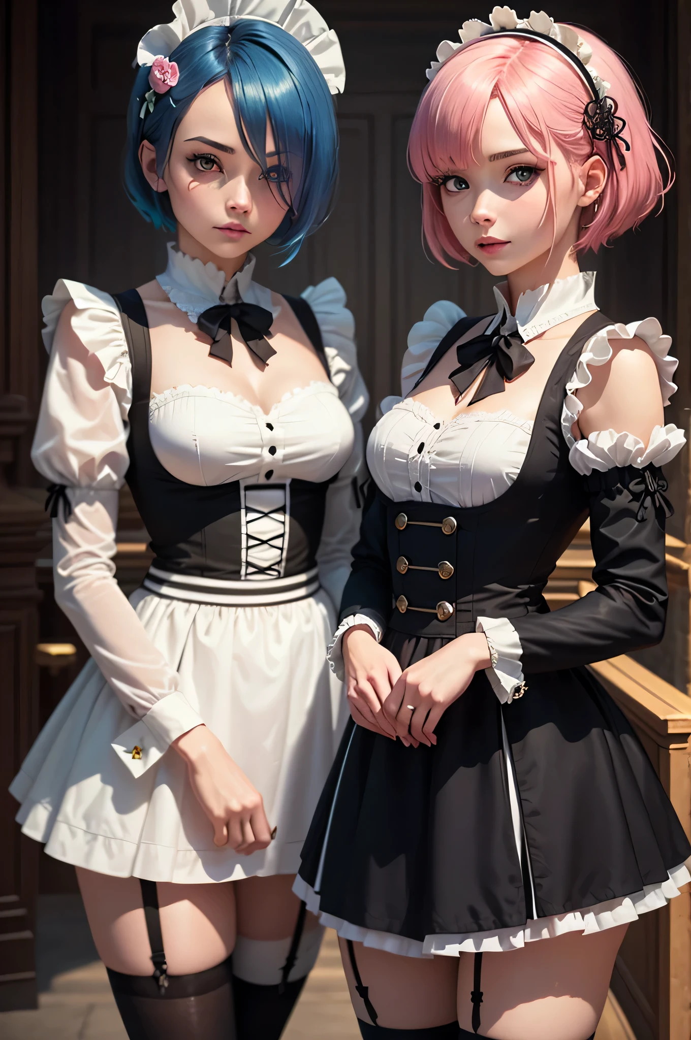 (highest quality:1.2, Very detailed, Latest, Vibrant, Super Detail, Ultra-high resolution, High Contrast, masterpiece:1.2, highest quality, Best aesthetics), Two people, (2 women), Two women posing side by side, Woman on the right:rem \(re:zero\), blue eyes, blue hair, hair ornament, hair over one eye, hair ribbon, short hair, x hair ornament, nayutaren, blue hair, roswaal mansion maid uniform, Woman on the left:ram \(re:zero\), pink hair, white thighhighs, short hair, red eyes, hair over one eye, hair ribbon, x hair ornament, maid headdress, waist apron, garter straps, black ribbon, small breasts, detached sleeves, neck ribbon, hair flower, roswaal mansion maid uniform, Dynamic Angle, Random Pause, Cowboy Shot,