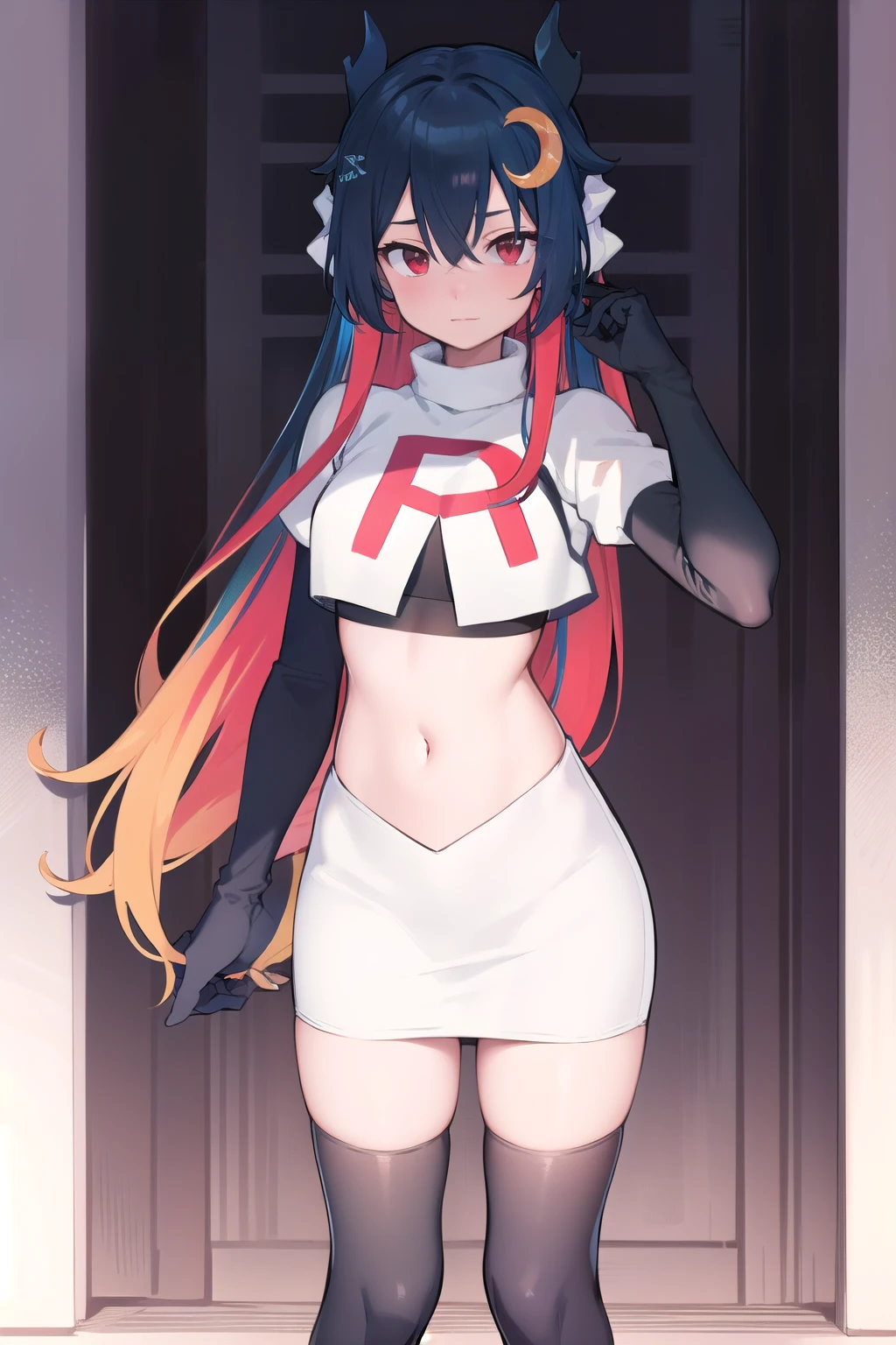 vienna (vtuber), 1girl, bangs, black hair, blue hair, crescent, crescent hair ornament, crossed bangs, dragon girl, dragon horns, gradient hair, hair between eyes, hair ornament, horns, long hair, looking at viewer, multicolored hair, red eyes, solo, standing, very long hair, team rocket,team rocket uniform,white skirt,red letter R,crop top,black thigh-highs,black elbow gloves
