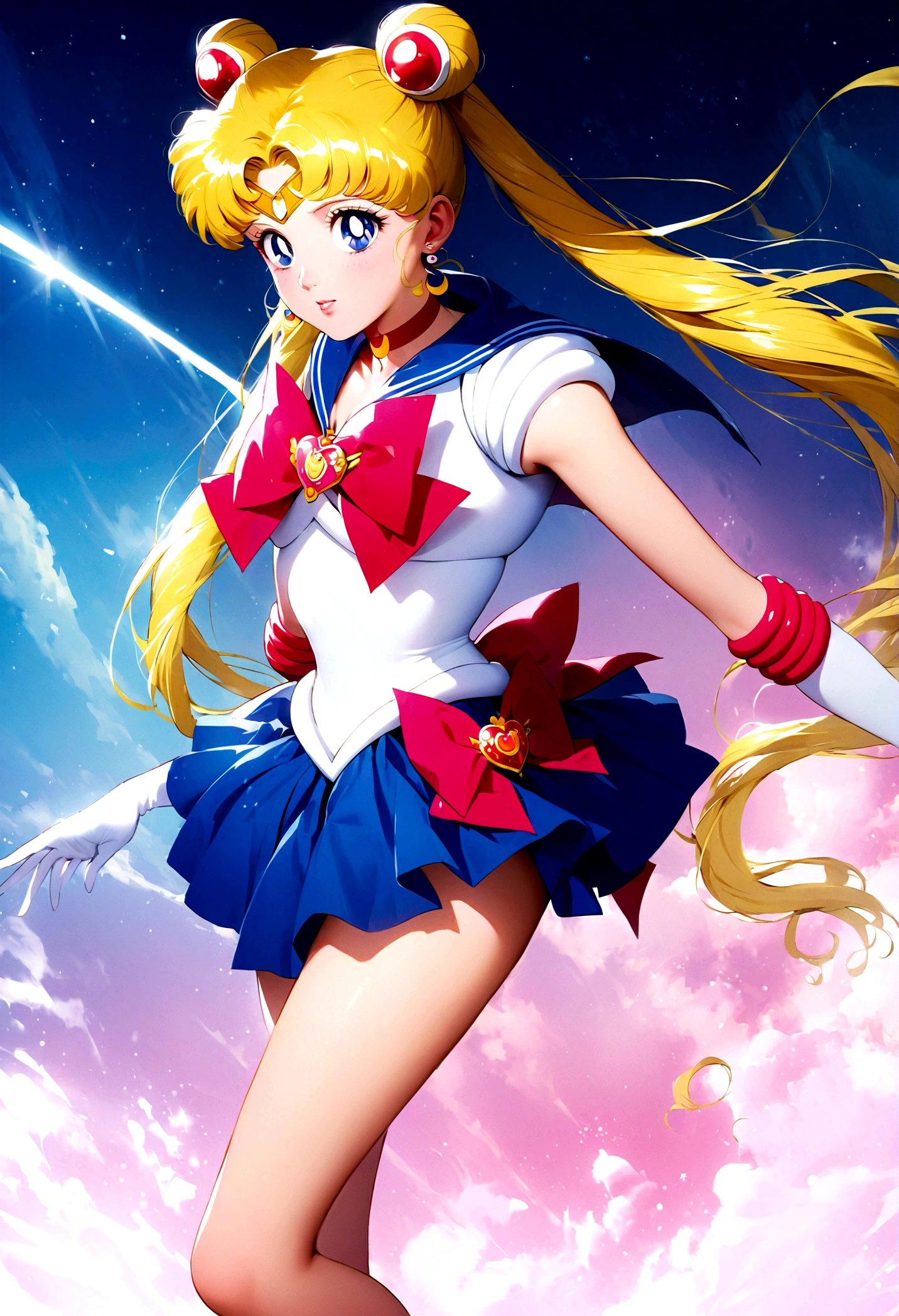 1girl, sailor moon, bishoujo senshi sailor moon, elegant detailed eyes, detailed facial features, long eyelashes, beautiful detailed lips, elegant detailed pose, highly detailed, masterpiece, 4k, hyper realistic, photorealistic, cinematic lighting, dynamic composition, intricate details, vibrant colors, soft dreamy atmosphere, magical girl fantasy, full body shot, aausagi, long hair, double bun, twintails, parted bangs, tiara, earrings, blue eyes, red choker, blue sailor collar, red bow, white shirt, elbow gloves, white gloves, blue skirt