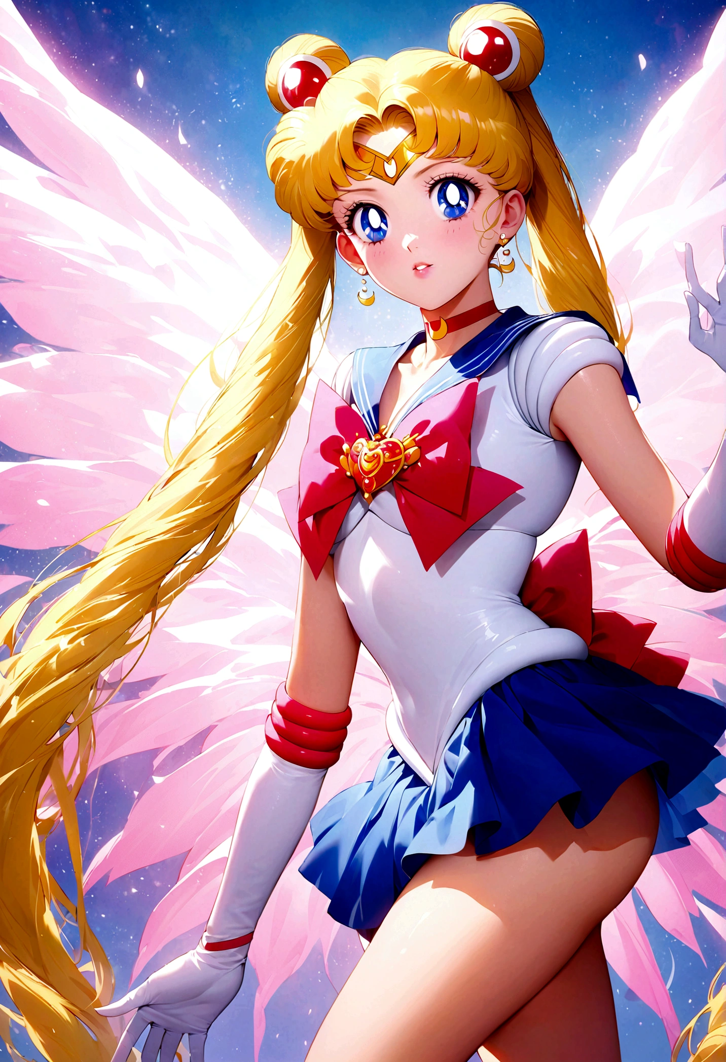 1girl, sailor moon, bishoujo senshi sailor moon, elegant detailed eyes, detailed facial features, long eyelashes, beautiful detailed lips, elegant detailed pose, highly detailed, masterpiece, 4k, hyper realistic, photorealistic, cinematic lighting, dynamic composition, intricate details, vibrant colors, soft dreamy atmosphere, magical girl fantasy, full body shot, aausagi, long hair, double bun, twintails, parted bangs, tiara, earrings, blue eyes, red choker, blue sailor collar, red bow, white shirt, elbow gloves, white gloves, blue skirt