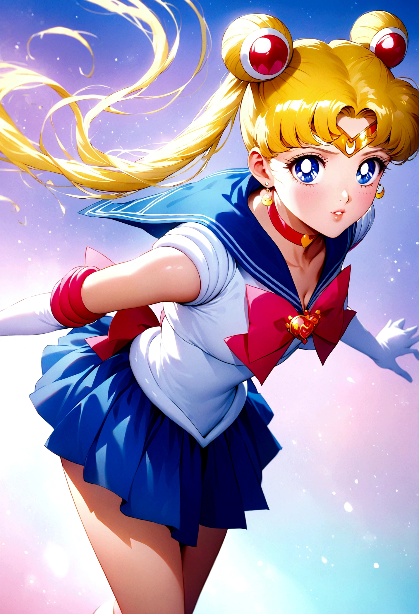 1girl, sailor moon, bishoujo senshi sailor moon, elegant detailed eyes, detailed facial features, long eyelashes, beautiful detailed lips, elegant detailed pose, highly detailed, masterpiece, 4k, hyper realistic, photorealistic, cinematic lighting, dynamic composition, intricate details, vibrant colors, soft dreamy atmosphere, magical girl fantasy, full body shot, aausagi, long hair, double bun, twintails, parted bangs, tiara, earrings, blue eyes, red choker, blue sailor collar, red bow, white shirt, elbow gloves, white gloves, blue skirt