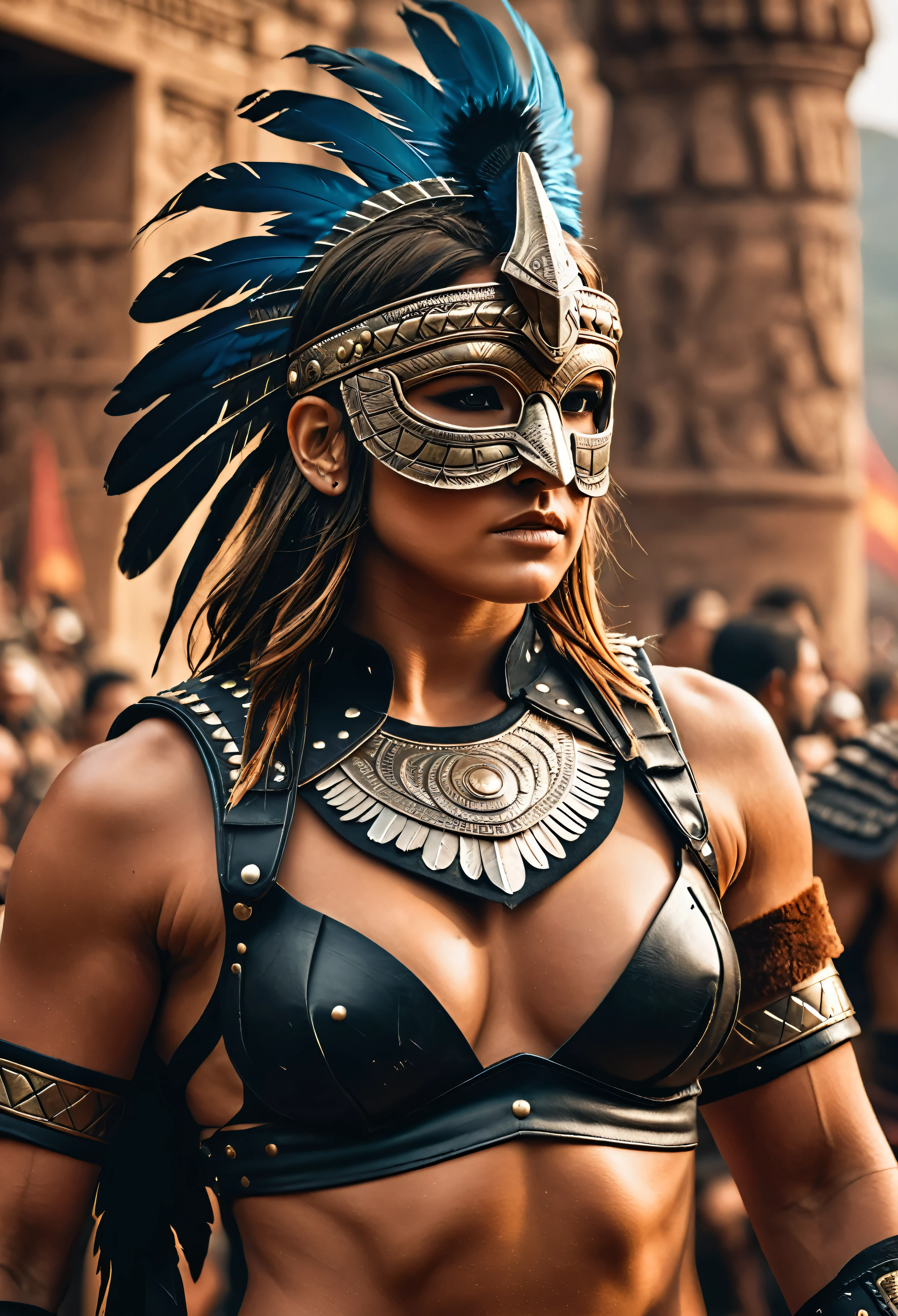 close up, photorealistic, (masterpiece:1.3), (best quality:1.3), beautiful, (intricate details), unity 8k wallpaper, ultra detailed, beautiful, aesthetic, perfect lighting, crowd around WestGark, very strong woman, (muscular:1.2), wearing leather plastron armor, wearing animal mask with feathers, wearing toga, hunting, (aztec temple background:1.0), (perfect hands:1.2),,