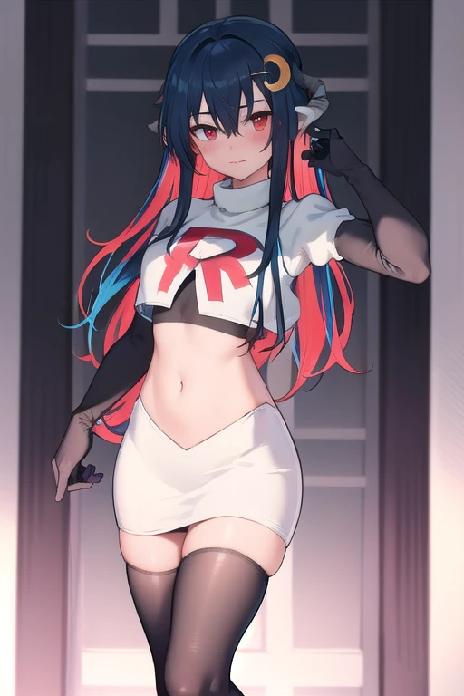 vienna (vtuber), 1girl, bangs, black hair, blue hair, crescent, crescent hair ornament, crossed bangs, dragon girl, dragon horns, gradient hair, hair between eyes, hair ornament, horns, long hair, looking at viewer, multicolored hair, red eyes, solo, standing, very long hair, team rocket,team rocket uniform,white skirt,red letter R,crop top,black thigh-highs,black elbow gloves
