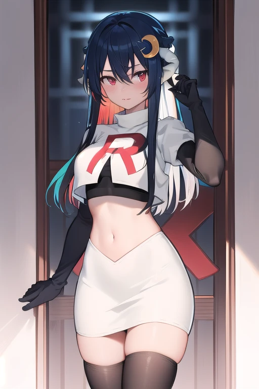 vienna (vtuber), 1girl, bangs, black hair, blue hair, crescent, crescent hair ornament, crossed bangs, dragon girl, dragon horns, gradient hair, hair between eyes, hair ornament, horns, long hair, looking at viewer, multicolored hair, red eyes, solo, standing, very long hair, team rocket,team rocket uniform,white skirt,red letter R,crop top,black thigh-highs,black elbow gloves
