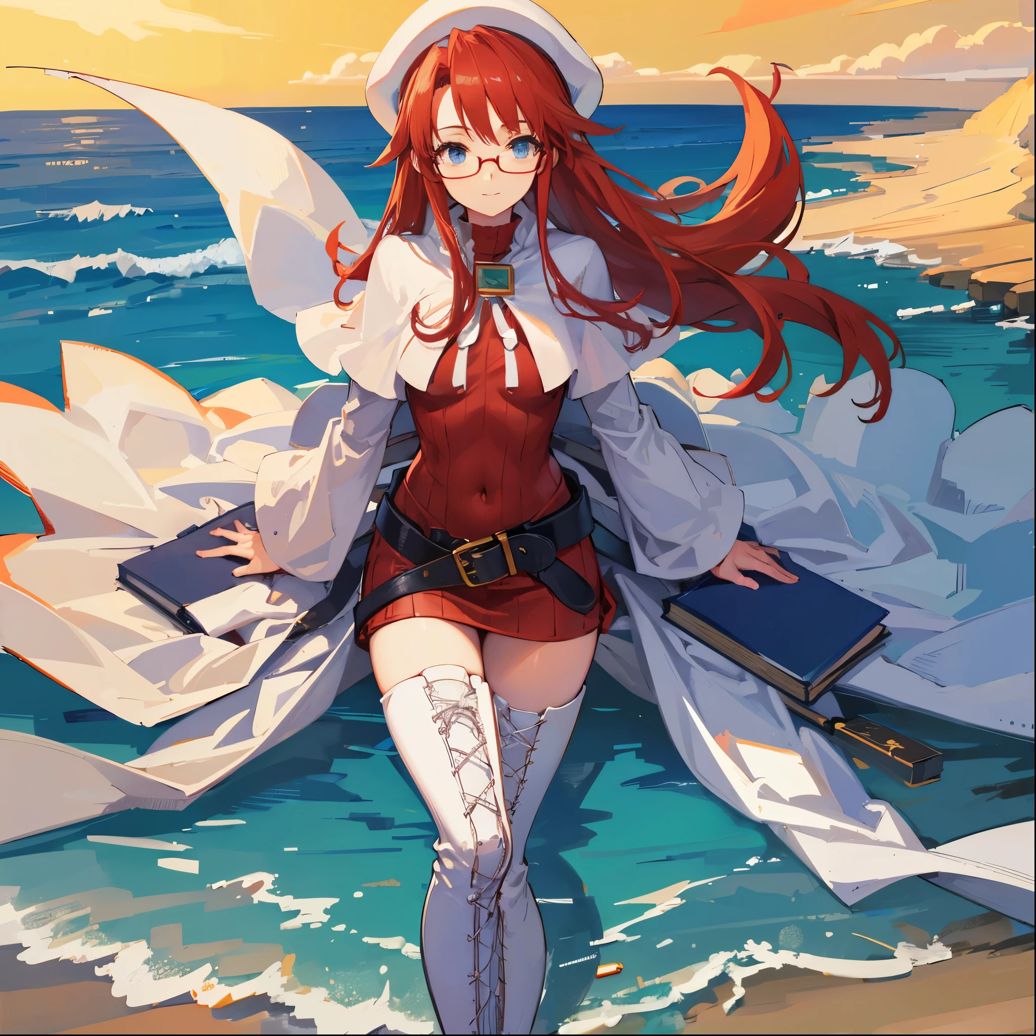 summonnightaty, aty, (young:1.3),long hair, blue eyes, red hair, big_berets, hat, glasses,
BREAK long hair, thighhighs, hat, dress, naked_legs, glasses, belt, cape, sweater, zettai ryouiki, beret, thigh boots, white footwear, ribbed sweater, loose belt,solo,
BREAK outdoors, fantasy,on_beach,
,Highquality_hads,perfect_fingers,
BREAK (masterpiece:1.2), best quality, high resolution, unity 8k wallpaper, (illustration:0.8), (beautiful detailed eyes:1.6), extremely detailed face, perfect lighting, extremely detailed CG, (perfect hands, perfect anatomy),covered_nipples,covered_navel ,half_eyes,long_sword,sleepy,standing,red_sweater,apart_knees,magical_effect,spread_legs, have_a_book,teacher,rise_knee,Smile,rise_hand,look_down_viewer,spread_arms,sea_waves,looking_into,blue_sky,sitting