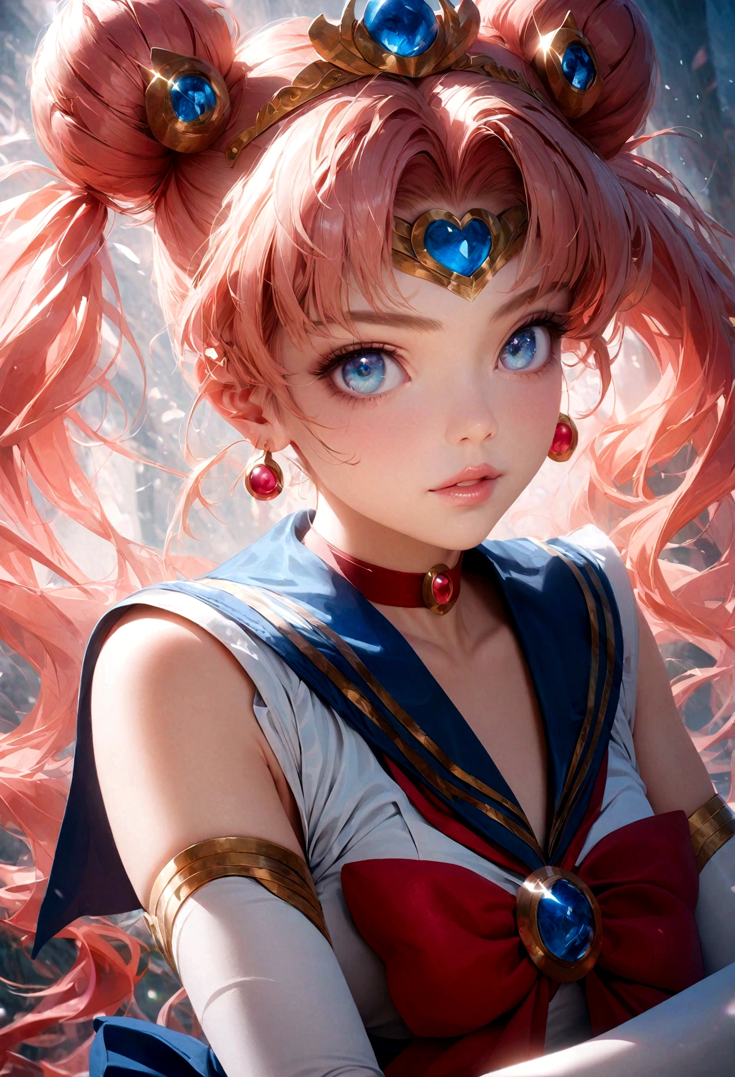 1girl, sailor moon, bishoujo senshi sailor moon, elegant detailed eyes, detailed facial features, long eyelashes, beautiful detailed lips, elegant detailed pose, highly detailed, masterpiece, 4k, hyper realistic, photorealistic, cinematic lighting, dynamic composition, intricate details, vibrant colors, soft dreamy atmosphere, magical girl fantasy, upper body shot, aausagi, long hair, double bun, twintails, parted bangs, tiara, earrings, blue eyes, red choker, blue sailor collar, red bow, white shirt, elbow gloves, white gloves, blue skirt