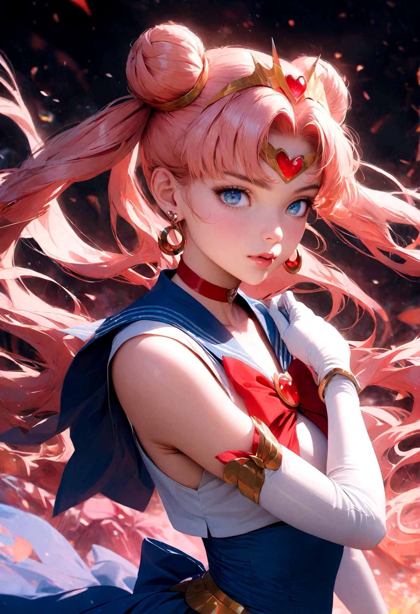 1girl, sailor moon, bishoujo senshi sailor moon, elegant detailed eyes, detailed facial features, long eyelashes, beautiful detailed lips, elegant detailed pose, highly detailed, masterpiece, 4k, hyper realistic, photorealistic, cinematic lighting, dynamic composition, intricate details, vibrant colors, soft dreamy atmosphere, magical girl fantasy, upper body shot, aausagi, long hair, double bun, twintails, parted bangs, tiara, earrings, blue eyes, red choker, blue sailor collar, red bow, white shirt, elbow gloves, white gloves, blue skirt