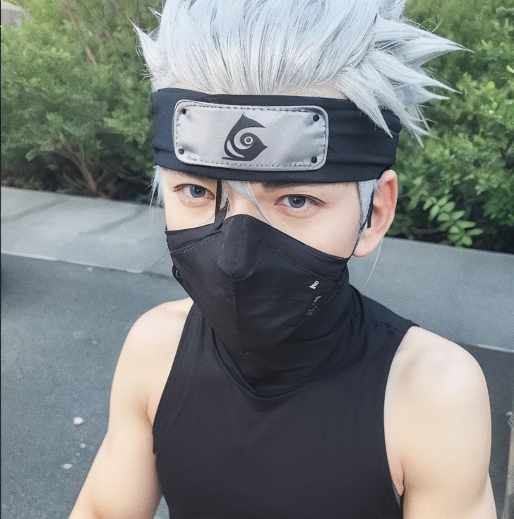 1boy, kakashi hatake, naruto shipuden, konoha, ninja, realistic, white hair
