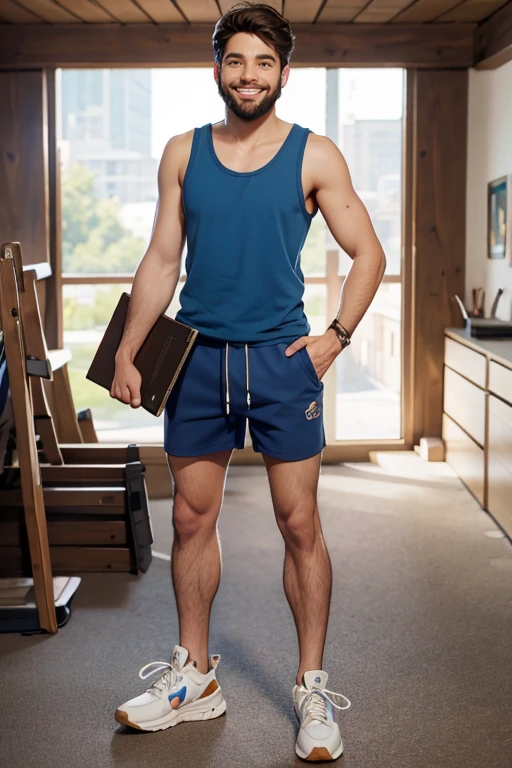 solo, looking at viewer, smile, brown hair, 1boy, holding, brown eyes, standing, full body, male focus, shoes, shorts, teeth, artist name, signature, grin, book, facial hair, tank top, sneakers, beard, blue shorts, realistic, pen, clipboard