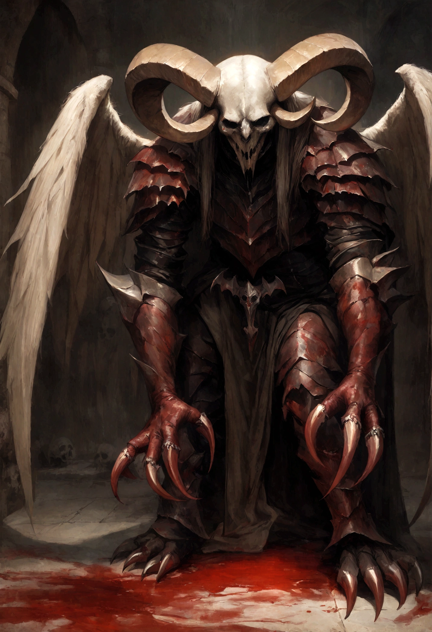 a goat-headed demon with large horns, strong and strong upper body, demon skins, skins, ((claws, wings)), demonic armor, blood splatters, skulls on the ground, standing in a blood ritual, medieval, dark room, dim light, masterpiece, realistic, oil painting