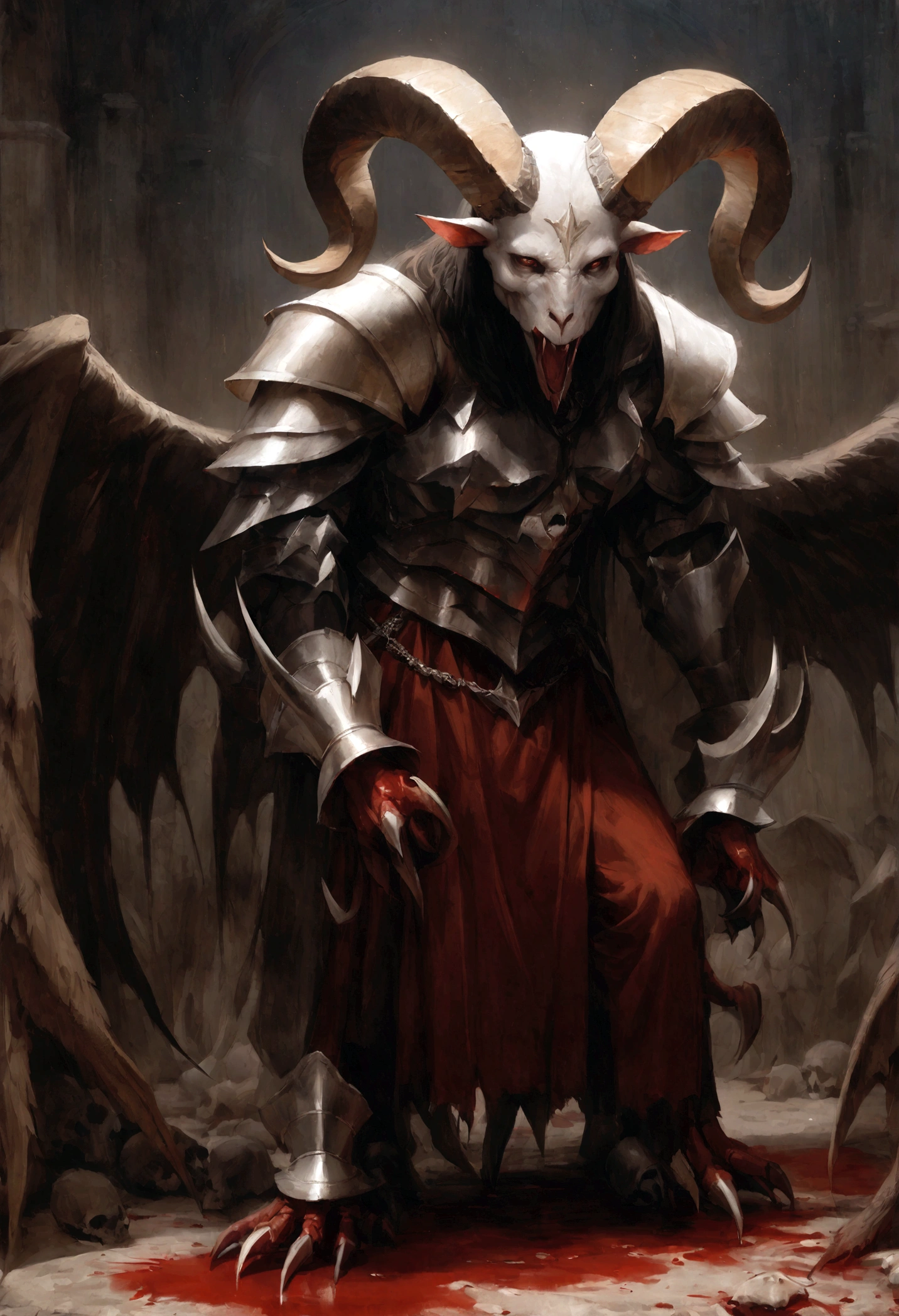 a goat-headed demon with large horns, strong and strong upper body, demon skins, skins, ((claws, wings)), demonic armor, blood splatters, skulls on the ground, standing in a blood ritual, medieval, dark room, dim light, masterpiece, realistic, oil painting