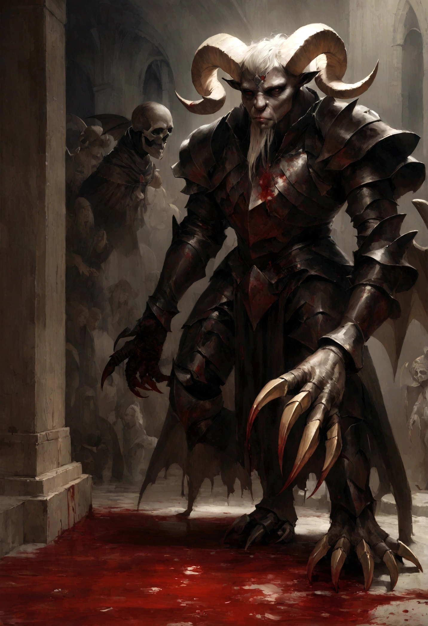 a goat-headed demon with large horns, strong and strong upper body, demon skins, skins, ((claws, wings)), demonic armor, blood splatters, skulls on the ground, standing in a blood ritual, medieval, dark room, dim light, masterpiece, realistic, oil painting