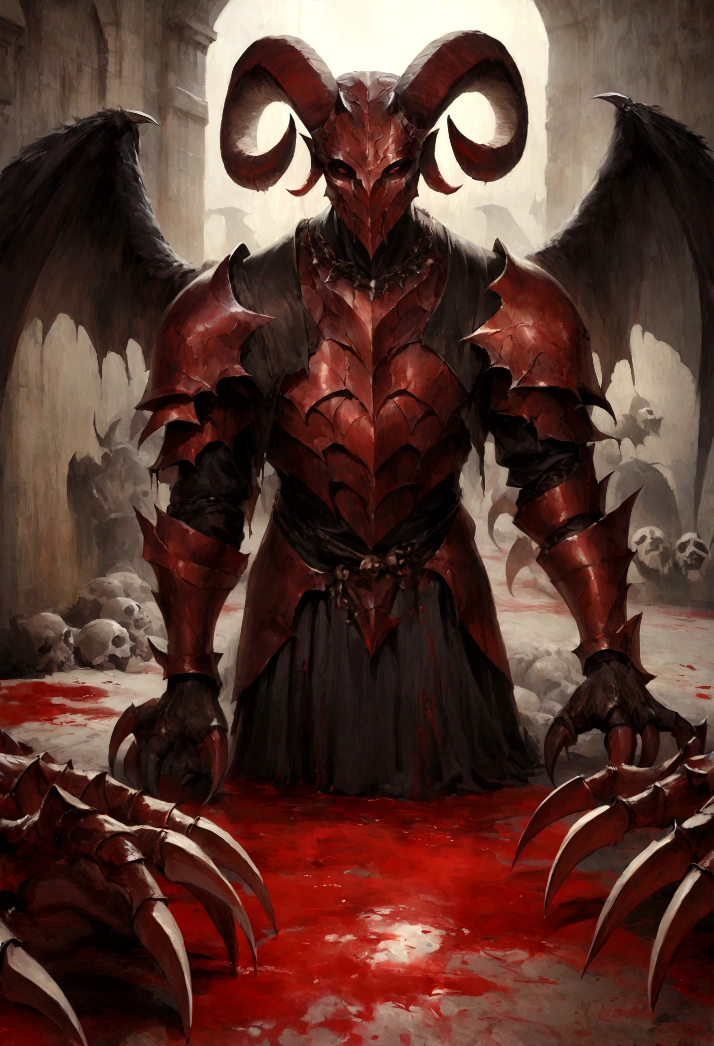 a goat-headed demon with large horns, strong and strong upper body, demon skins, skins, ((claws, wings)), demonic armor, blood splatters, skulls on the ground, standing in a blood ritual, medieval, dark room, dim light, masterpiece, realistic, oil painting