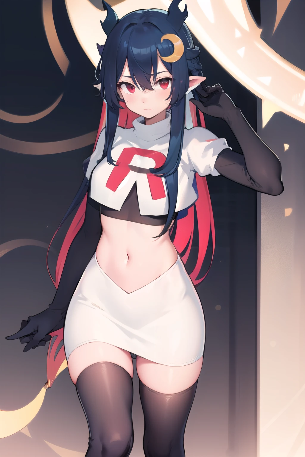 vienna (vtuber), 1girl, bangs, black hair, blue hair, crescent, crescent hair ornament, crossed bangs, dragon girl, dragon horns, gradient hair, hair between eyes, hair ornament, horns, long hair, looking at viewer, multicolored hair, red eyes, solo, standing, very long hair, team rocket,team rocket uniform,white skirt,red letter R,crop top,black thigh-highs,black elbow gloves
