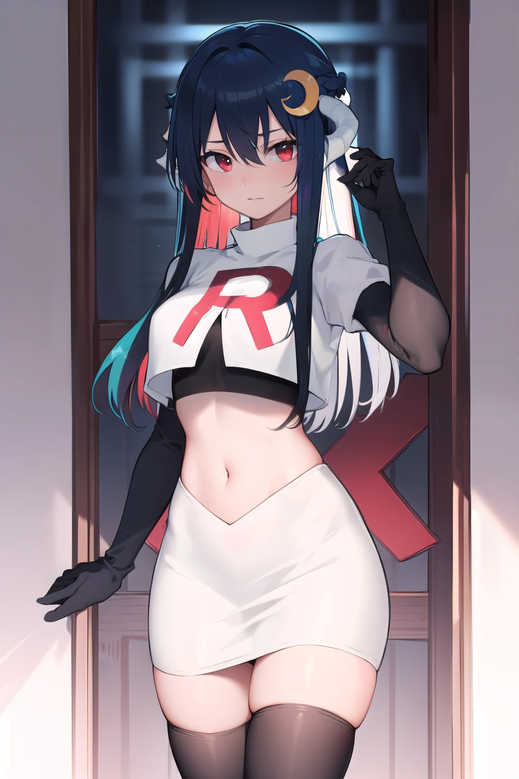 vienna (vtuber), 1girl, bangs, black hair, blue hair, crescent, crescent hair ornament, crossed bangs, dragon girl, dragon horns, gradient hair, hair between eyes, hair ornament, horns, long hair, looking at viewer, multicolored hair, red eyes, solo, standing, very long hair, team rocket,team rocket uniform,white skirt,red letter R,crop top,black thigh-highs,black elbow gloves
