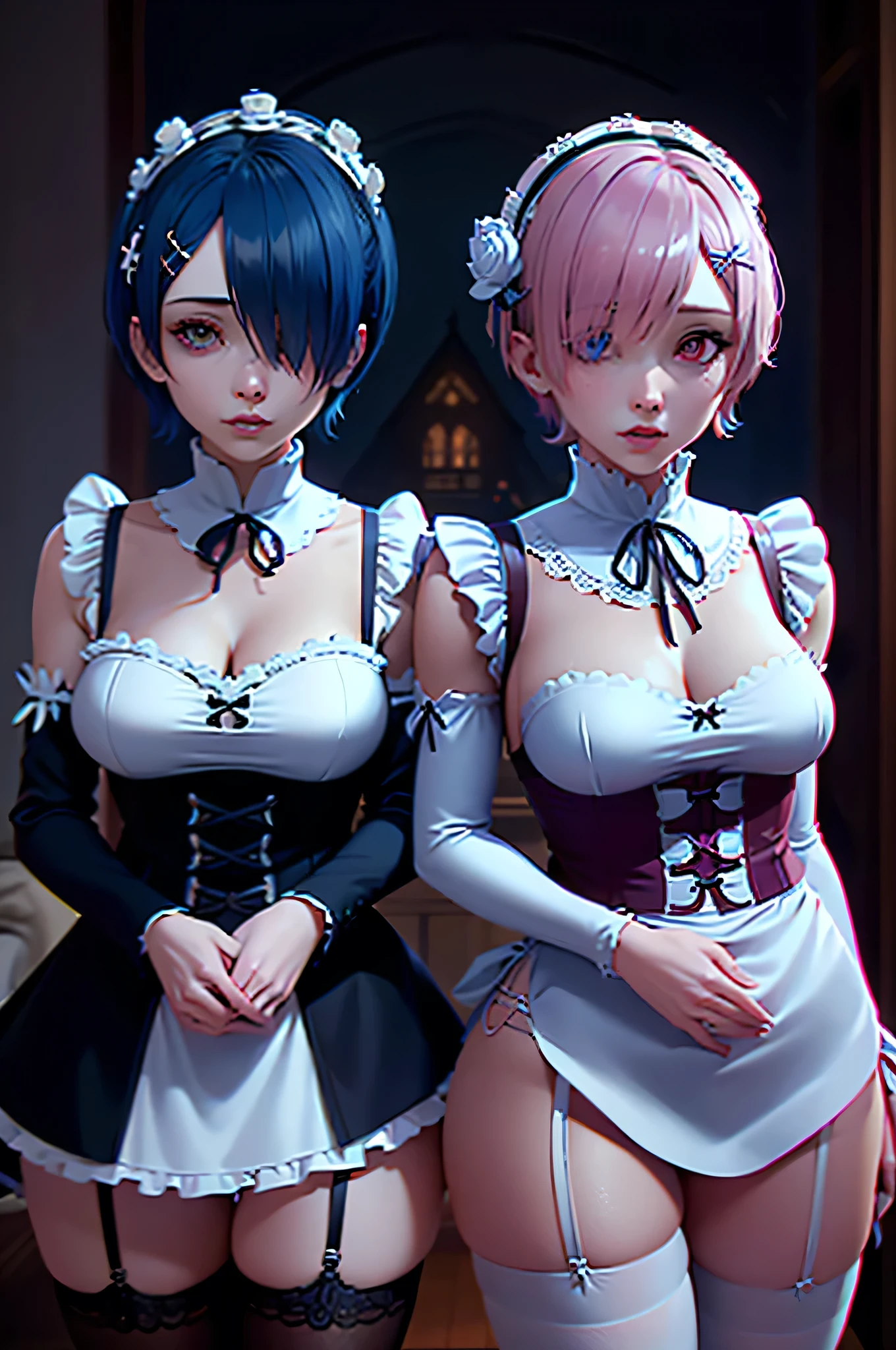 (highest quality:1.2, Very detailed, Latest, Vibrant, Super Detail, Ultra-high resolution, High Contrast, masterpiece:1.2, highest quality, Best aesthetics), Two people, (2 women), Two women posing side by side, Woman on the right:rem \(re:zero\), blue eyes, blue hair, hair ornament, hair over one eye, hair ribbon, short hair, x hair ornament, nayutaren, blue hair, roswaal mansion maid uniform, Woman on the left:ram \(re:zero\), pink hair, white thighhighs, short hair, red eyes, hair over one eye, hair ribbon, x hair ornament, maid headdress, waist apron, garter straps, black ribbon, small breasts, detached sleeves, neck ribbon, hair flower, roswaal mansion maid uniform, Dynamic Angle, Random Pause, Cowboy Shot,