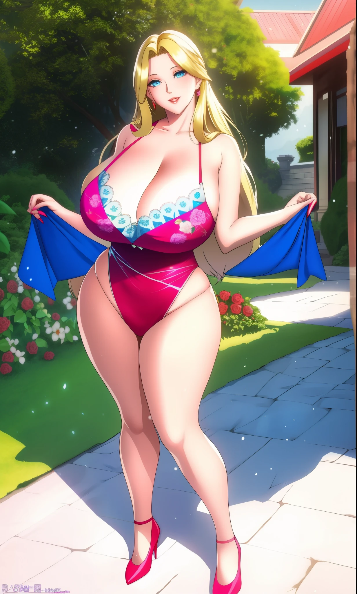 An extremely beautiful busty woman, with gold blonde long silky hair, blue oceanic eyes, extremely super bright snow white fair stunning flawless glowing lush shiny white skin, and complexion, a perfect tight hourglass figure, a thick plump ass, cleavage, and perfect hips, wearing a sky-blue floral frock, yellow heels, a cute adorable smile, pink puffy lips, pink nails, red rose on hair, standing straight, hands joined together, looking at the viewer, big garden in the background, day time, show full body from head to feet.