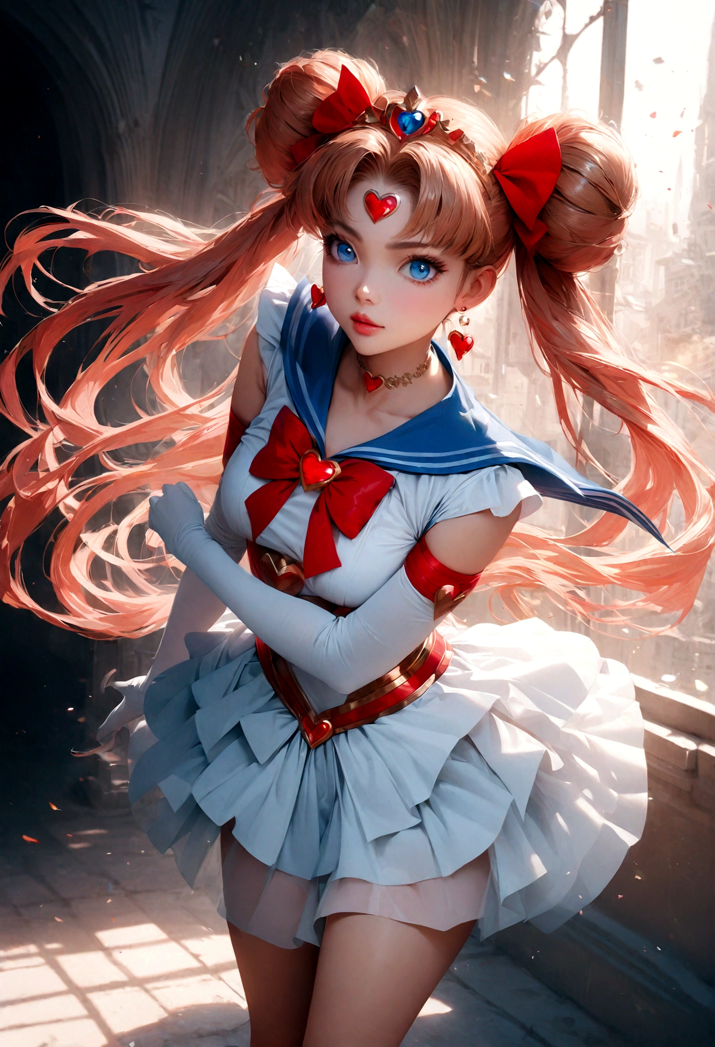 1girl, sailor moon, bishoujo senshi sailor moon, elegant detailed eyes, detailed facial features, long eyelashes, beautiful detailed lips, elegant detailed pose, highly detailed, masterpiece, 4k, hyper realistic, photorealistic, cinematic lighting, dynamic composition, intricate details, vibrant colors, soft dreamy atmosphere, magical girl fantasy, full body shot, aausagi, long hair, double bun, twintails, hair ornament, parted bangs, tiara, earrings, blue eyes, heart choker, blue sailor collar, red bow, white shirt, see-through, elbow gloves, white gloves, multicolored skirt, white skirt