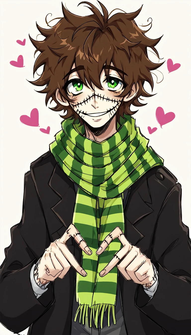 1man,mature male,  stitches, scarf, brown hair, green eyes, coat, halfbody,cute  background, grunge, sketchy lines, messy hair, heart hands 