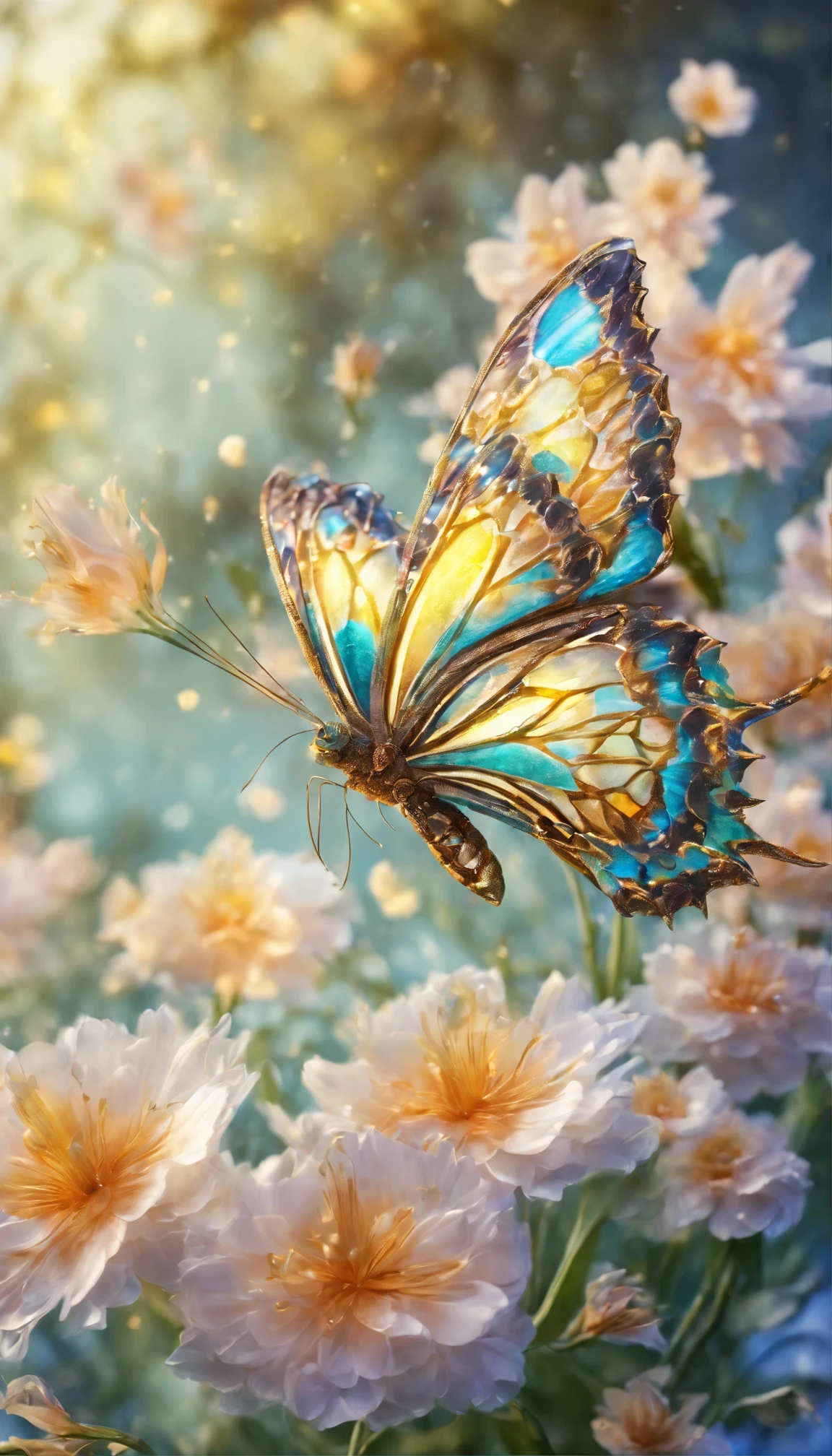 The background is greenblue,moon light,All expressed with jewels, the arrival of spring, various beautiful flower
, Beautiful yellow swallowtail butterfly,angles looking up from below, various jewels falling from the sky, wonderful and beautiful superb view, slightly hazy, fantastic, high resolution, 8K, (best quality, highres, realistic:1.37), shiny metallic flowers, intricate and delicate petals, reflective surfaces, vibrant colors, intricate details, close-up view, surreal garden, surreal beauty, dreamy atmosphere, fine art, abstract botanicals, metallic sculpture, contrasting textures, ethereal glow